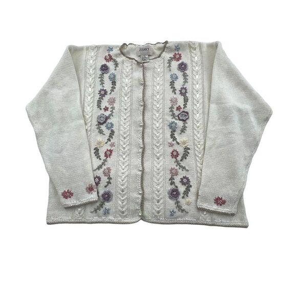 Jenny Vintage floral button down Sweater with pearl buttons cotton / Ramie (gra - Picture 5 of 12